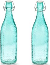 4x stuks glazen flessen aqua blauw met beugeldop 1000 ml - Olie/azijn flessen - Decoratie flessen