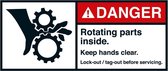 Danger Rotating parts inside sticker, ANSI, 2 per vel 35 x 80 mm