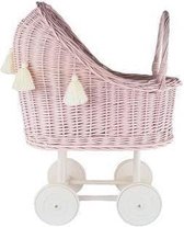 Rieten poppenwagen XL Roze Witte wielen