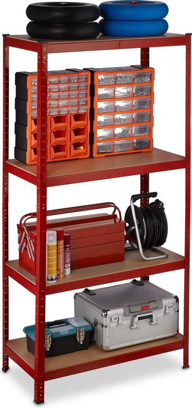 Relaxdays étagère métal - étagère de rangement 4 étages - capacité de charge 700 kg - hauteur 150 cm - rouge