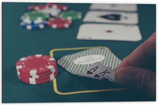 Dibond - Pokerkaarten en -Fiches - 60x40cm Foto op Aluminium (Met Ophangsysteem)