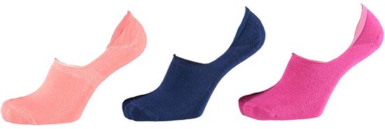 Drie enkelsokken, één zalmkleurig, één marineblauw, één roze.