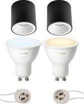 Pragmi Cliron Pro - Opbouw Rond - Mat Zwart/Wit - Verdiept - Ø90mm - Philips Hue - Opbouwspot Set GU10 - White Ambiance - Bluetooth - BES LED