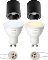Pragmi Cliron Pro - Opbouw Rond - Mat Zwart - Verdiept - Ø90mm - Philips Hue - Opbouwspot Set GU10 - White Ambiance - Bluetooth - BES LED