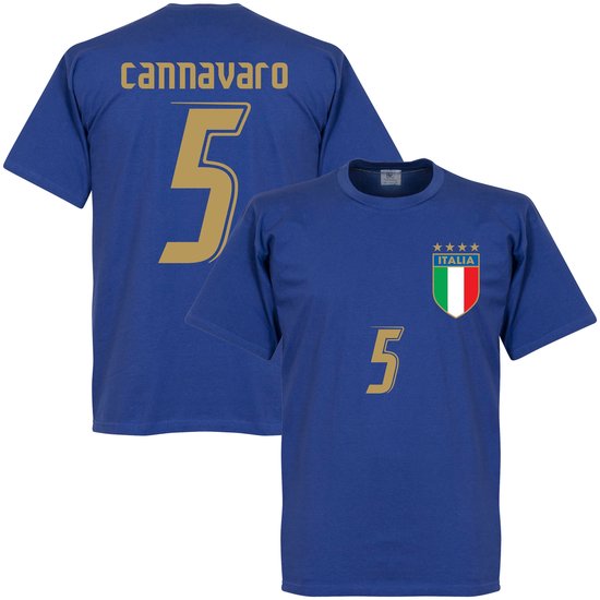 Blauw Italiaans voetbalshirt met 'Cannavaro 5' op de achterkant en 'Italia 5' op de voorkant.