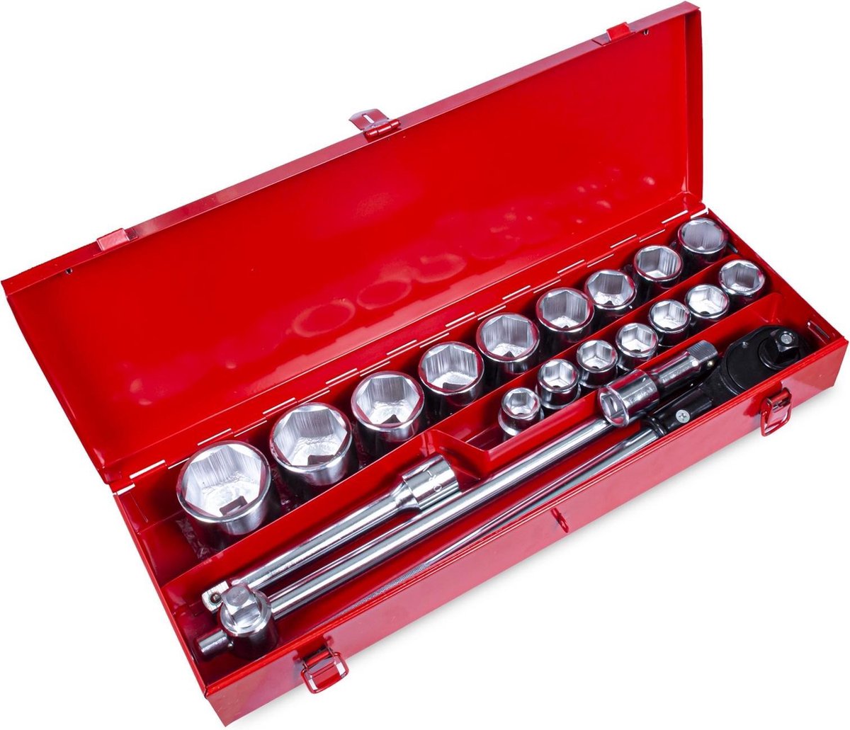 Doppenset 21-Delig – 3/4″ Ratel & T-Schuif met Kardangewricht | Inclusief Verlengstukken – Robuust & Compact Voor Zware Klussen