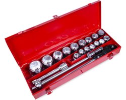 Doppenset 21-Delig – 3/4″ Ratel & T-Schuif met Kardangewricht | Inclusief Verlengstukken – Robuust & Compact Voor Zware Klussen