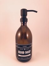 Zeepdispenser | Zeeppompje | Soap | amber glas | 500ml | Vintage label | Mat zwart metaal pomp | Glas