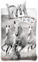 Dekbedovertrek Rennende Paarden , 1persoons, dubbelzijdig, zwart/wit print, Meisjes slaapkamer , 140x200