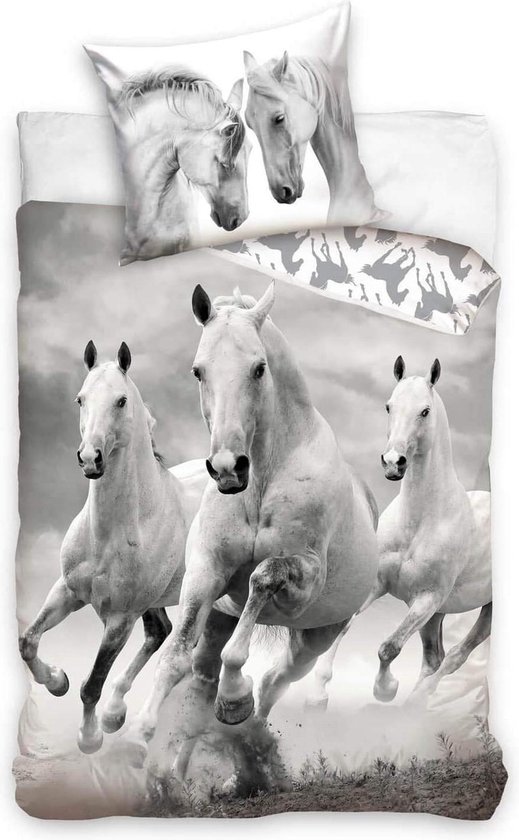 Dekbedovertrek Rennende Paarden , 1persoons, dubbelzijdig, zwart/wit print,  Meisjes... | bol.com