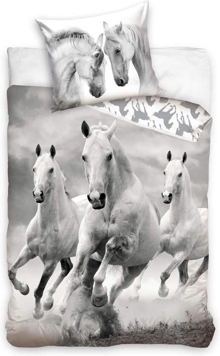 Dekbedovertrek Rennende Paarden , 1persoons, dubbelzijdig, zwart/wit print, Meisjes slaapkamer , 140x200 - DreamE3