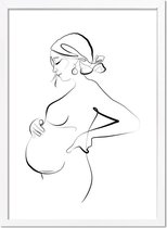 Poster Zwangere vrouw zwart wit - minimalisme A3 + fotolijst wit (29,7x42cm) - DesignClaud