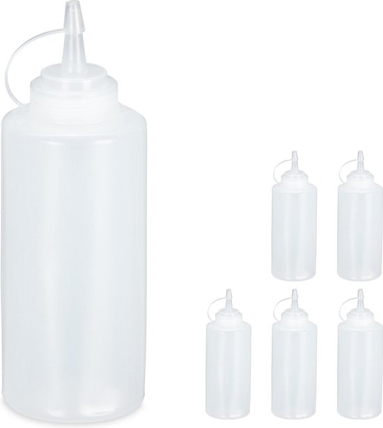 6 stuks knijpflessen 240 ml, transparante knijpfles met schaal, kunststof doseerfles met draaisluiting trechter voor ketchup, mosterd, mayo, hete sauzen, sausfles voor thuis en restaurant