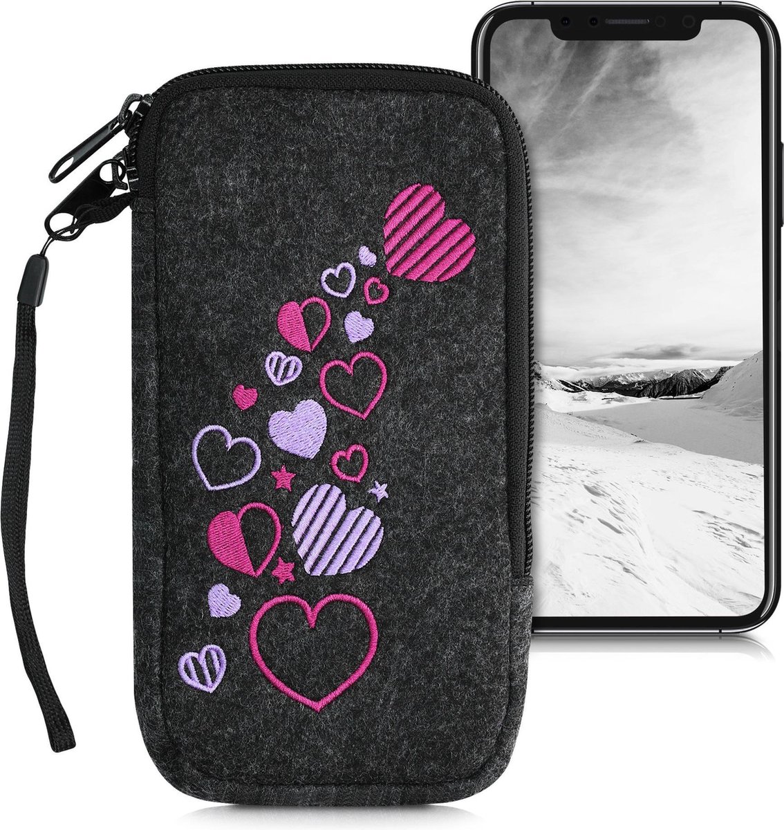 kwmobile insteekhoesje voor smartphones XL - 6,7/6,8" - Beschermhoes van vilt in poederroze / paars / donkergrijs - Binnenmaat 17,2 x 8,4 cm