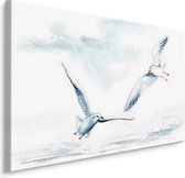 Schilderij- Zeemeeuwen in olieverf (print op canvas), 4 maten, wit/blauw, Premium print