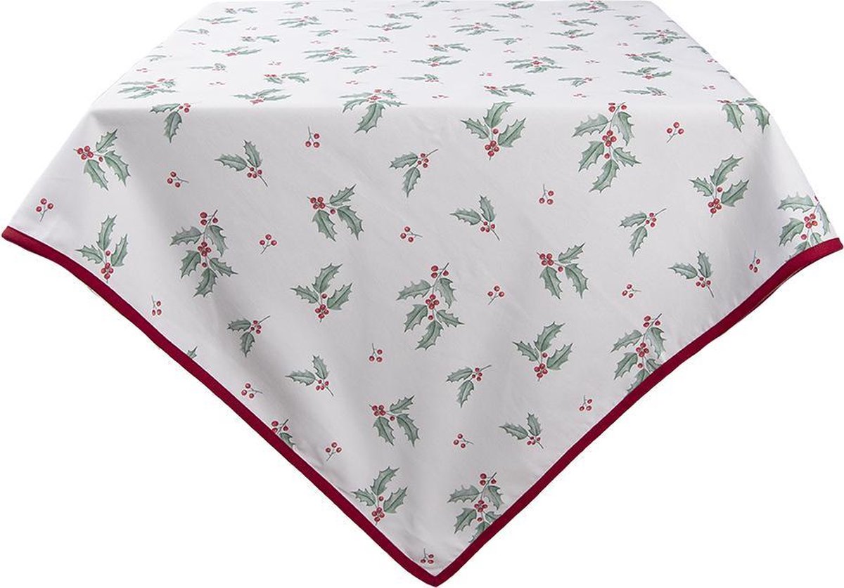 Clayre & Eef Tafelkleed 100x100 cm Wit Rood Katoen Hulstbladeren