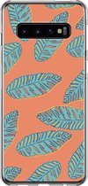 Samsung Galaxy S10 Telefoonhoesje - Transparant Siliconenhoesje - Flexibel - Met Plantenprint - Tropische Blaadjes - Oranje