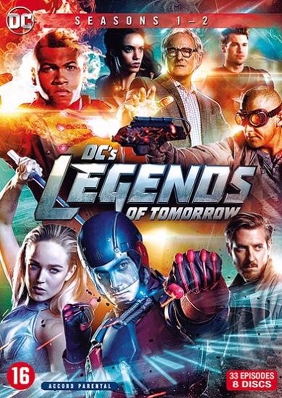 DVD-hoes met 'DC's Legends of Tomorrow Seizoenen 1-2' en de gezichten van de cast.
