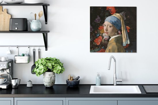 Canvas schilderij 50x50 cm - Wanddecoratie Meisje met de parel - Vermeer - Bloemen - Muurdecoratie woonkamer - Slaapkamer decoratie - Kamer accessoires - Schilderijen op canvas
