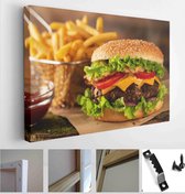 Hamburger and fried potatoes on a wooden table - Modern Art Canvas - Horizontal - 1399168025 - 80*60 Horizontal