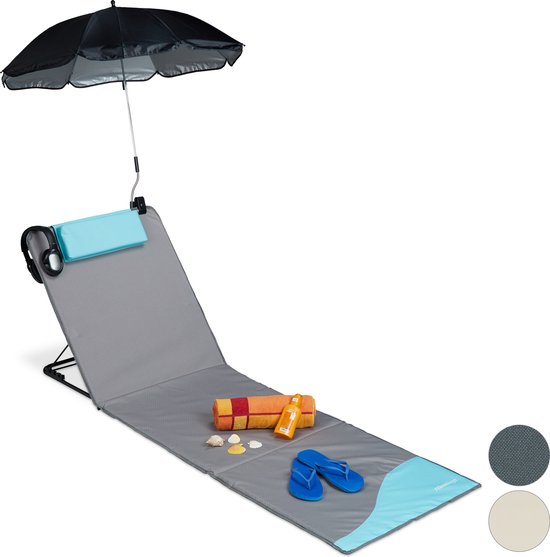 relaxdays strandmat - groot - ligbed - hoofdsteun - rugleuning - opvouwbaar - draagbaar antraciet van Relaxdays — afbeelding 3