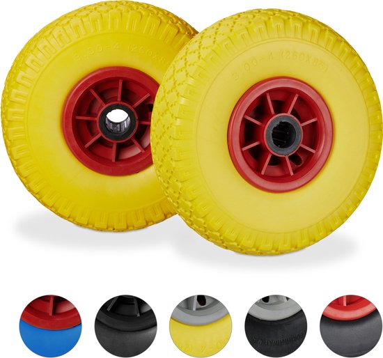 Steekwagenwiel - 3.00-4" - 2 stuks - massief - anti lek - 260x85 mm - geel-rood