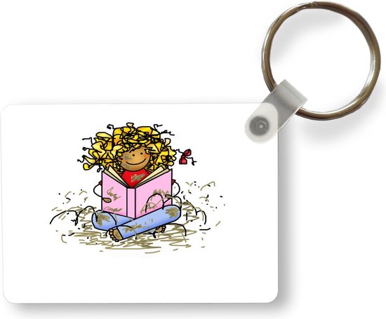 Sleutelhanger - Een illustratie van een meisje dat een boek leest - Uitdeelcadeautjes - Plastic