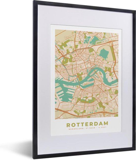 Poster met lijst Stadskaart - Rotterdam - Vintage - Plattegrond