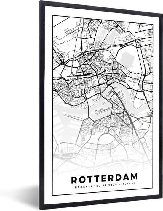 Fotolijst incl. Poster - Kaart - Rotterdam - Zwart - Wit - 20x30 cm - Posterlijst