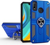 Voor Huawei Y8s koolstofvezelpatroon pc + TPU-beschermhoes met ringhouder (donkerblauw)