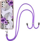 Voor Motorola Moto G Stylus 2021 Galvaniseren Patroon IMD TPU Schokbestendig Hoesje met Nekkoord (Paarse Bloem)