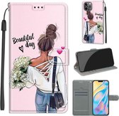 Spanning Gekleurde Tekening Magnetische Sluiting Horizontale Flip PU Lederen Case met Houder & Kaartsleuven Voor iPhone 13 Pro (C09 Knuffel Bloem)