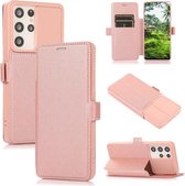 Duwvenster dubbele gesp PU + siliconen horizontale flip lederen tas met houder en kaartsleuf voor Samsung Galaxy S21 Ultra 5G (rosé goud)