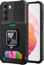 Voor Samsung Galaxy S21 5G Sliding Camera Cover Design PC + TPU Shockproof Case met Ring Houder & Card Slot (Zwart)