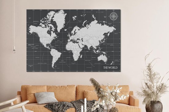 Décoration murale Métal - Aluminium - Wereldkaart - Zwart - Wit - Monde - 150x100 cm
