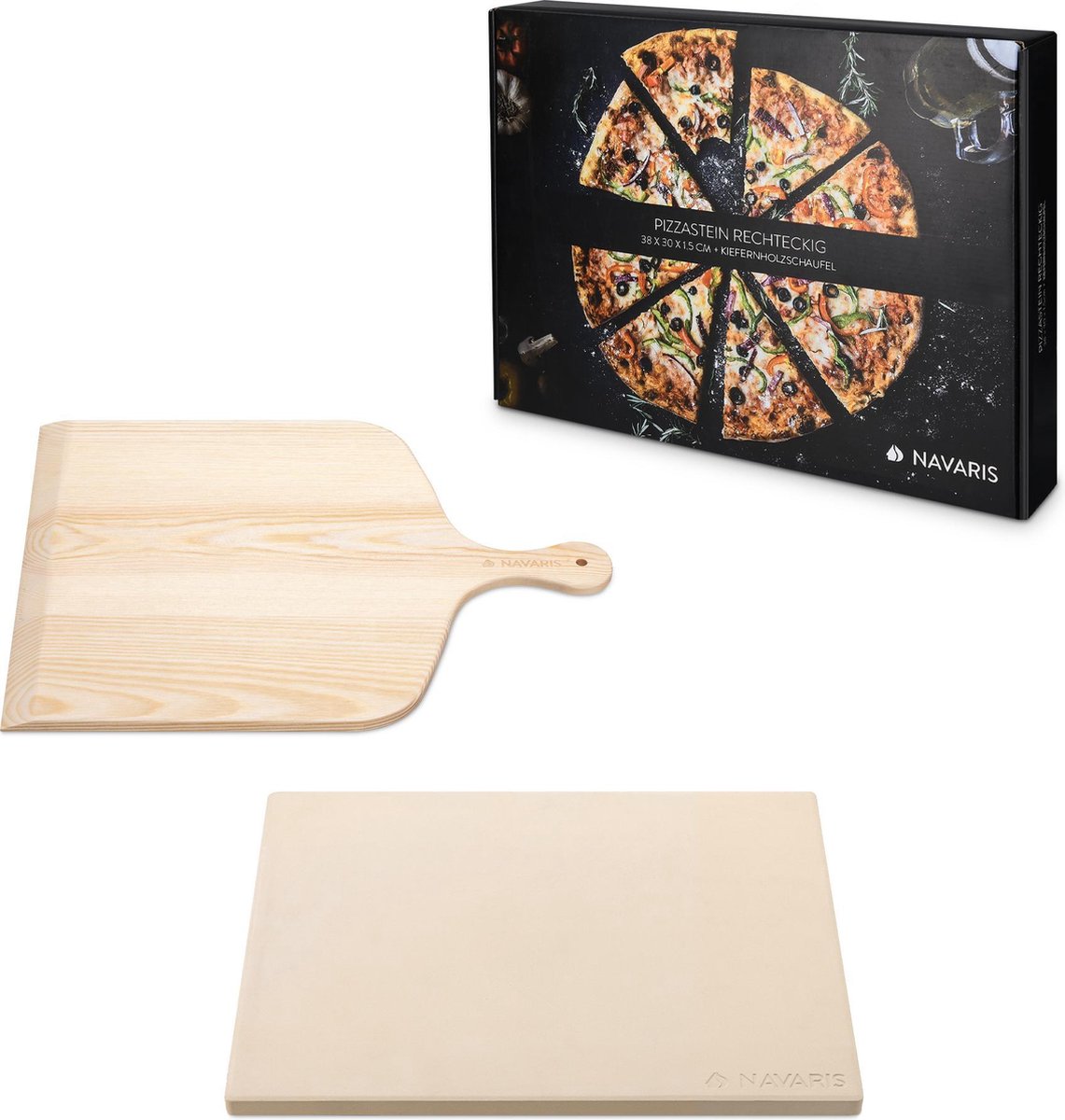 Navaris pizzasteen XL voor oven, grill en barbecue - Rechthoekige pizzaplaat 38 x 30 cm - Set inclusief pizzaschep en receptenboek