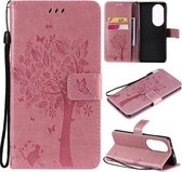 Voor Huawei P50 Pro Boom & Kat Patroon Geperst Afdrukken Horizontale Flip PU Lederen Case met Houder & Kaartsleuven & Portemonnee & Lanyard (Roze)