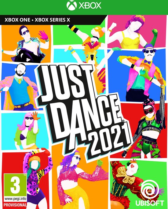Cover van Just Dance 2021 met negen dansers in kleurrijke outfits.