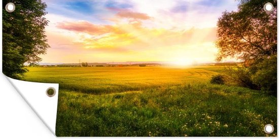 Schuttingposter Landschap met een opkomende zon - 200x100 cm - Tuindoek