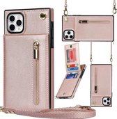 Cross-body rits vierkante TPU + PU achterkant van de behuizing met houder en kaartsleuven en portemonnee en riem voor iPhone 11 Pro (roségoud)