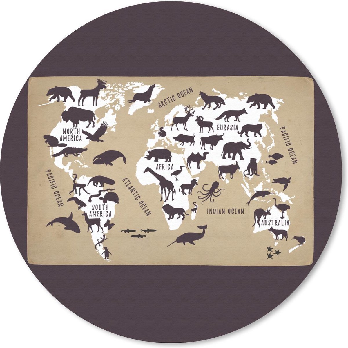 Muismat rond 50x50 cm - Mousepad Wereldkaart Kinderen - Wit - Bruin - Ronde muismatten