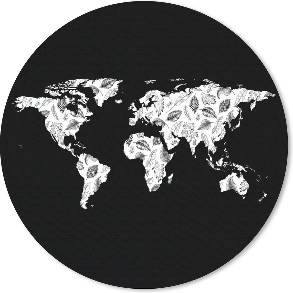 Muismat rond 40x40 cm - Mousepad Wereldkaart - Bladeren - Zwart - Ronde muismatten
