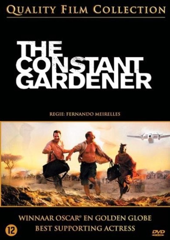 DVD hoes van The Constant Gardener met drie mannen in woestijnkleding, een vliegtuig en de tekst 'WINNAAR OSCAR EN GOLDEN GLOBE BEST SUPPORTING ACTRESS'.