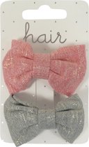 Haarspeldjes duckclip 6.0cm Glitter Strik - Roze/Grijs - 2 stuks