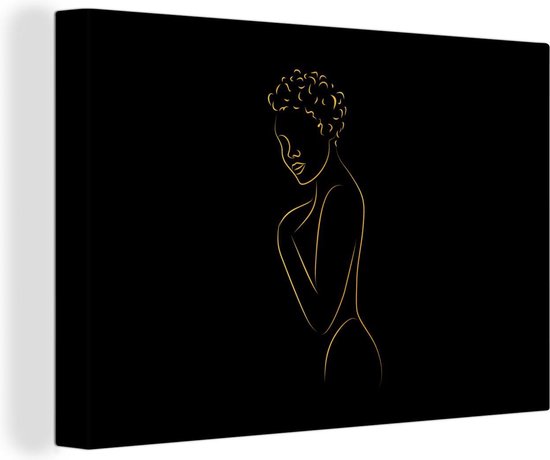 Toile Peinture Femme - Zwart - Or - Dessin au trait - Line cm - Décoration murale