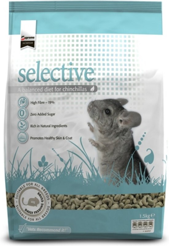 Verpakking Supreme Science Selective Chinchilla voer met een grijze chinchilla.