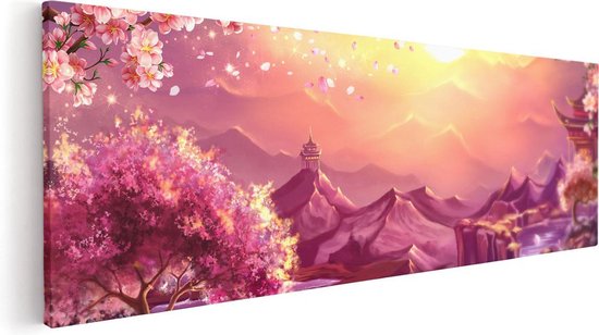 Artaza Canvas Schilderij Illustratie Van Watervallen Met Bloesems - 90x30 - Foto Op Canvas - Canvas Print