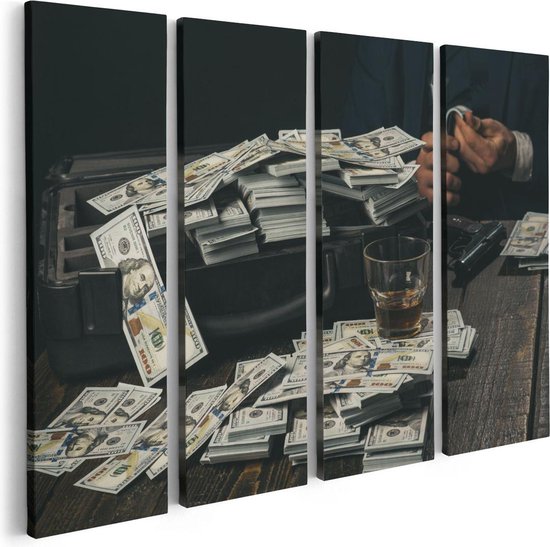 Artaza Canvas Schilderij Vierluik Dollar Geld Briefjes Op Tafel Van De Maffia - 80x60 - Foto Op Canvas - Canvas Print