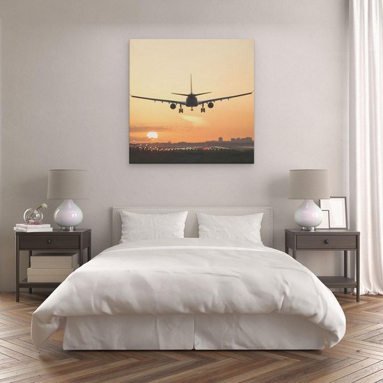 Artaza Peinture sur Toile Avion Atterrissant Pendant le Coucher du Soleil - 80x80 - Groot - Photo sur Toile - Impression sur Toile