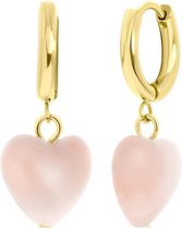 Lucardi Dames Goldplated oorbellen met hartje rozenkwarts - Oorbellen - Cadeau - Staal - Goudkleurig